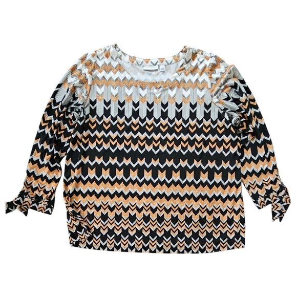 Susan Graver 3/4 Tie Sleeve Liquid Knit Top Size 2X Geometric Chevron Black Tan - Picture 1 of 7